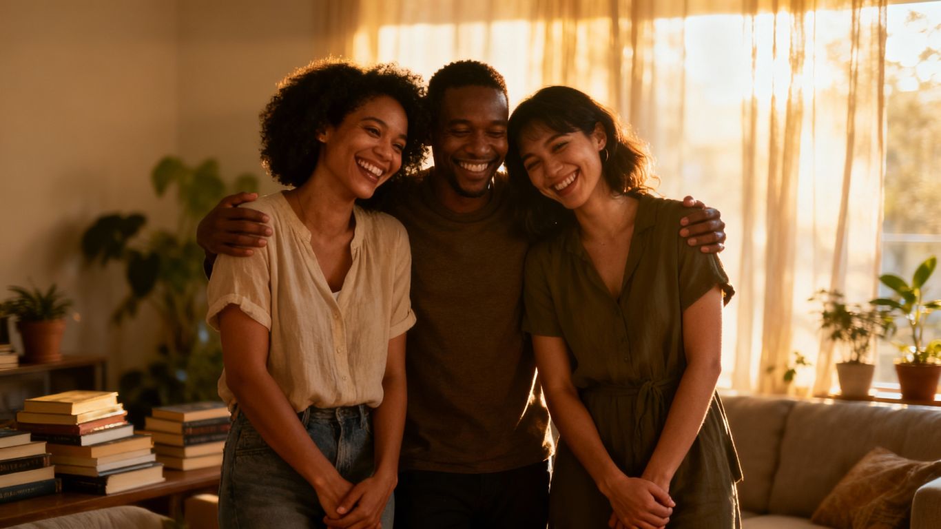 Three people smiling, connected and happy.