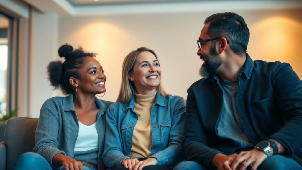 Three people talking and smiling in a cozy setting.
