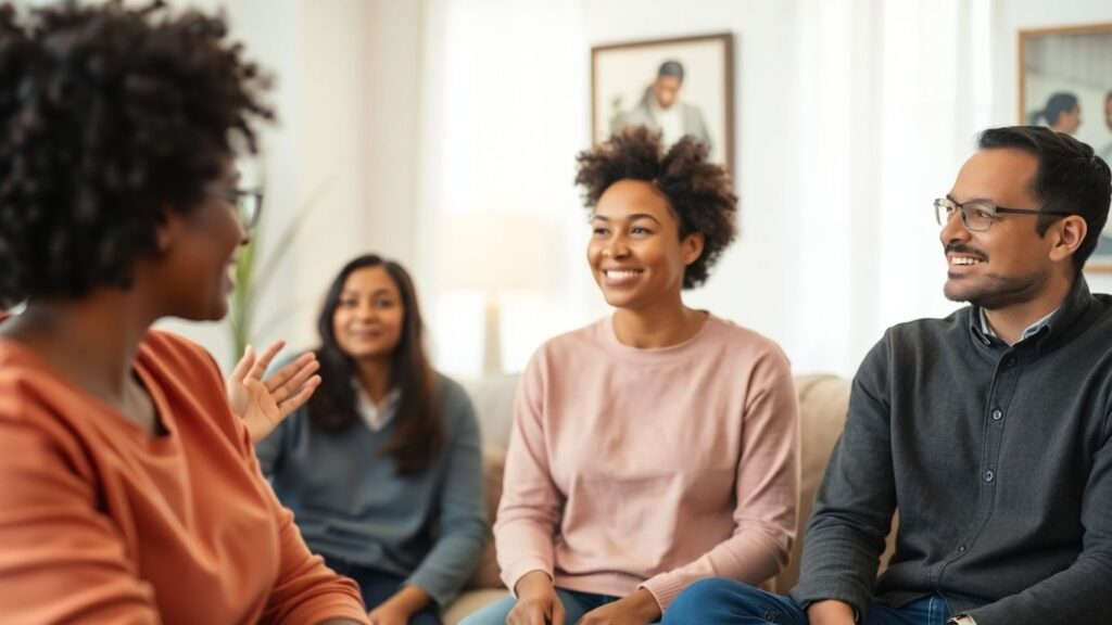 Three people talking comfortably in a living room.
