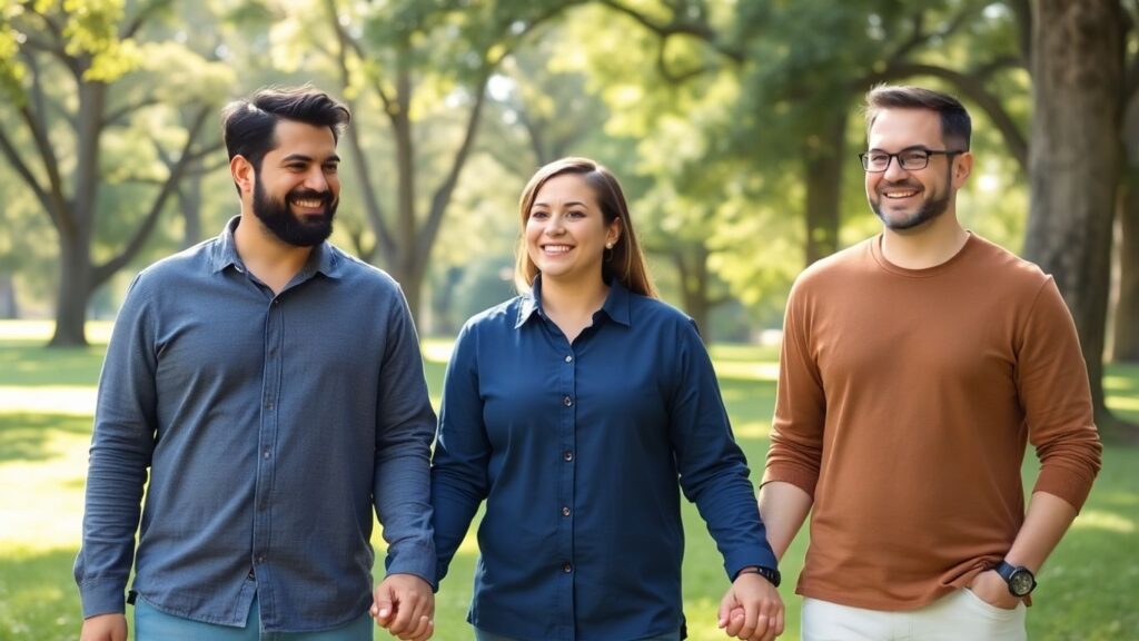 Three smiling adults holding hands in a park.