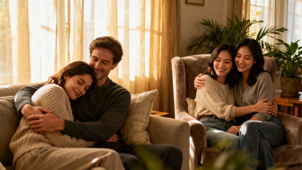 Two couples embracing, showing trust and vulnerability.
