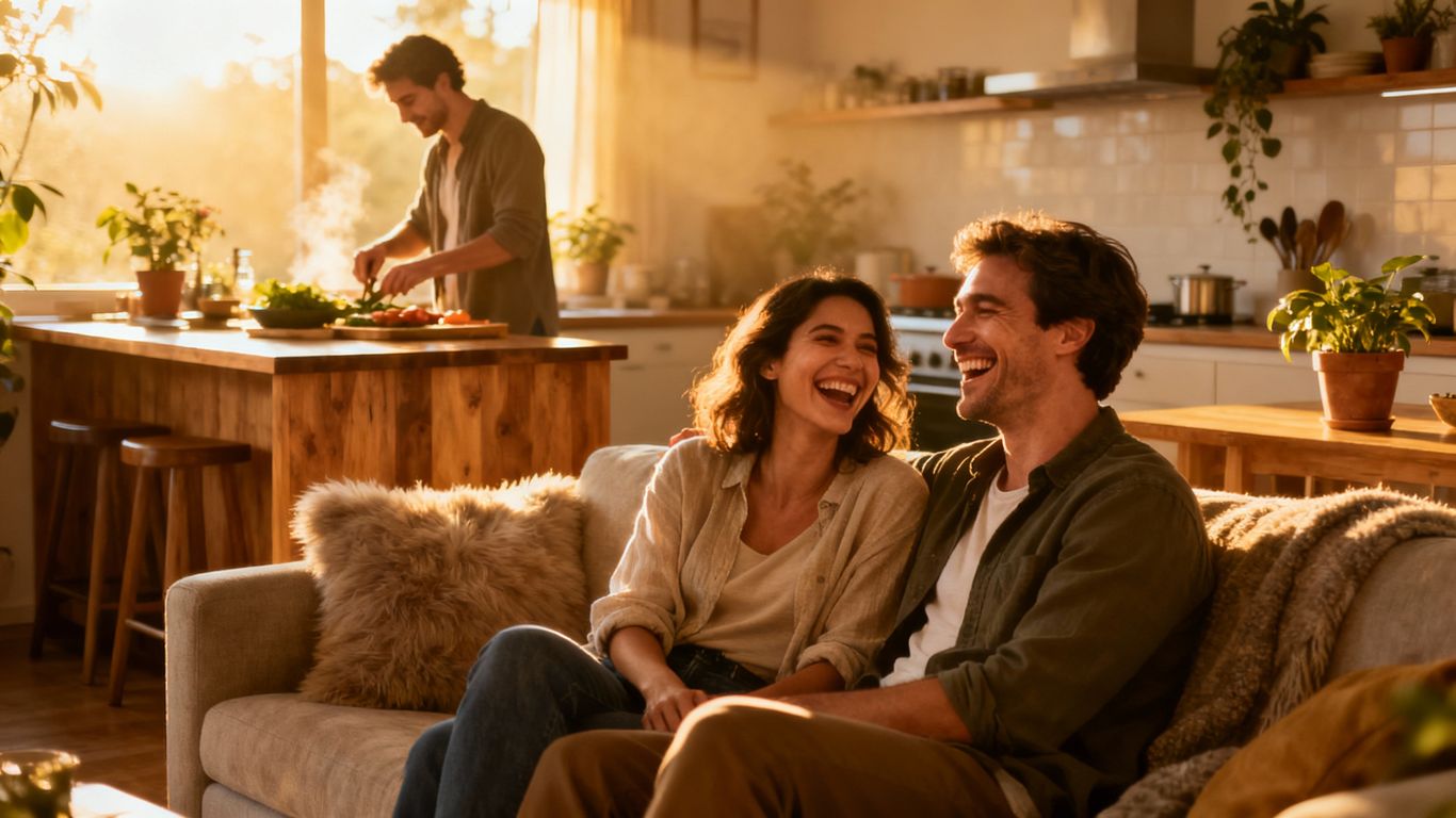 Two couples sharing a home, relaxed and happy.