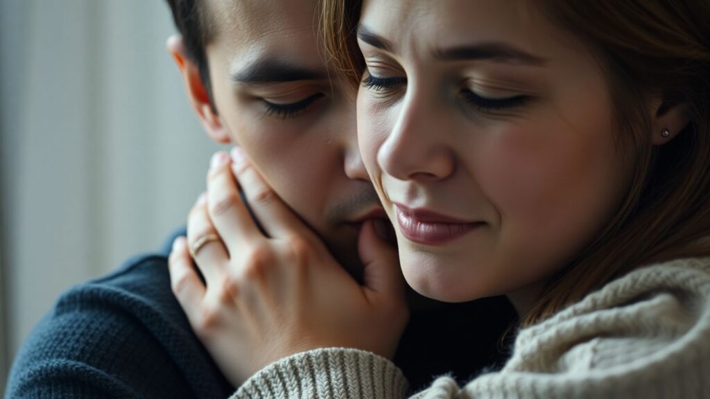 Two people embracing intimately, soft lighting.