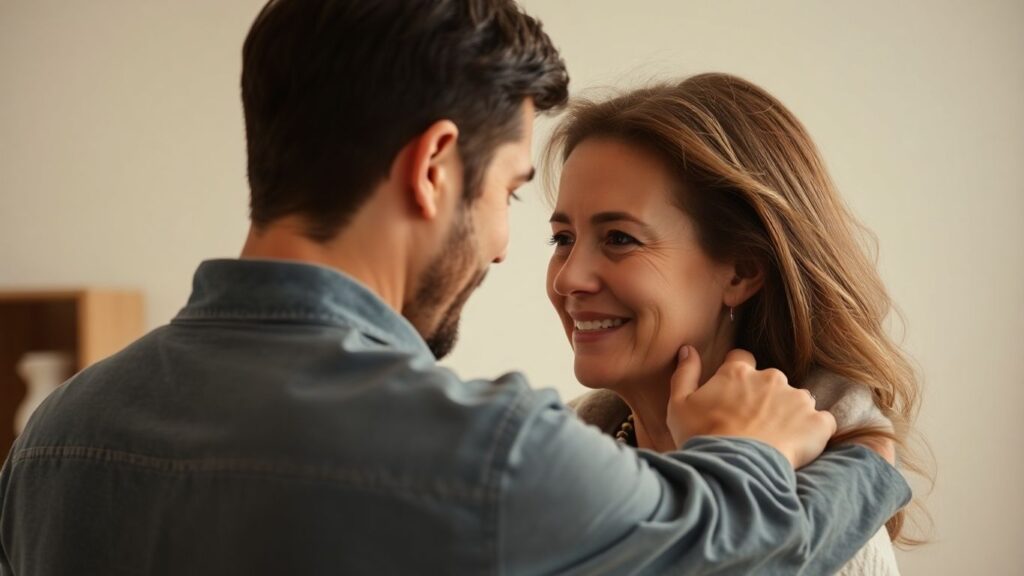 Two people embracing, showing connection and trust.