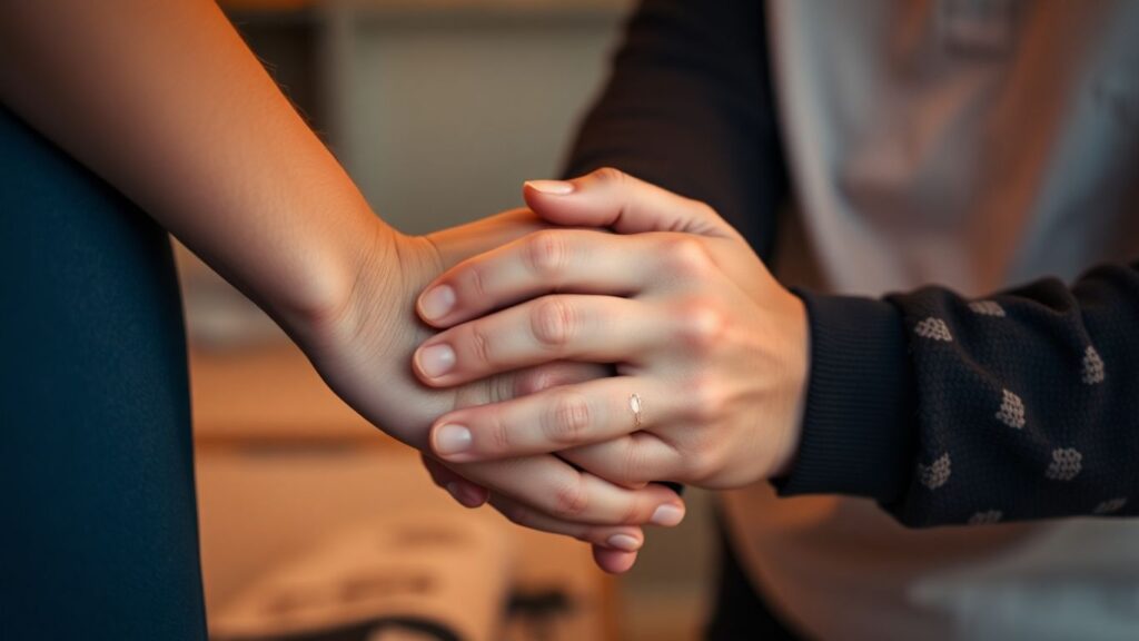 Two people holding hands intimately