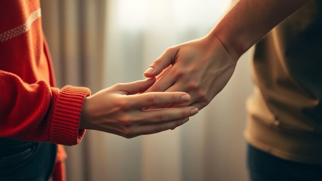 Two people's hands intertwined intimately.