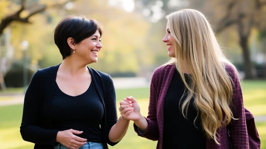 Two women holding hands and smiling.