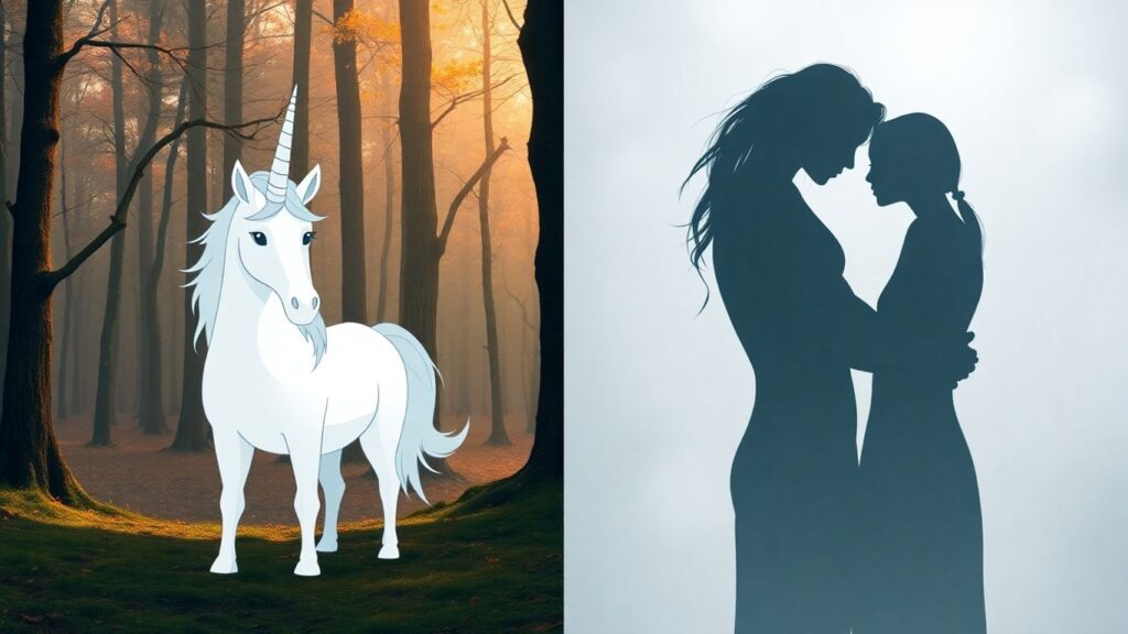 Unicorn and embracing figures, abstract representation of non-monogamy.