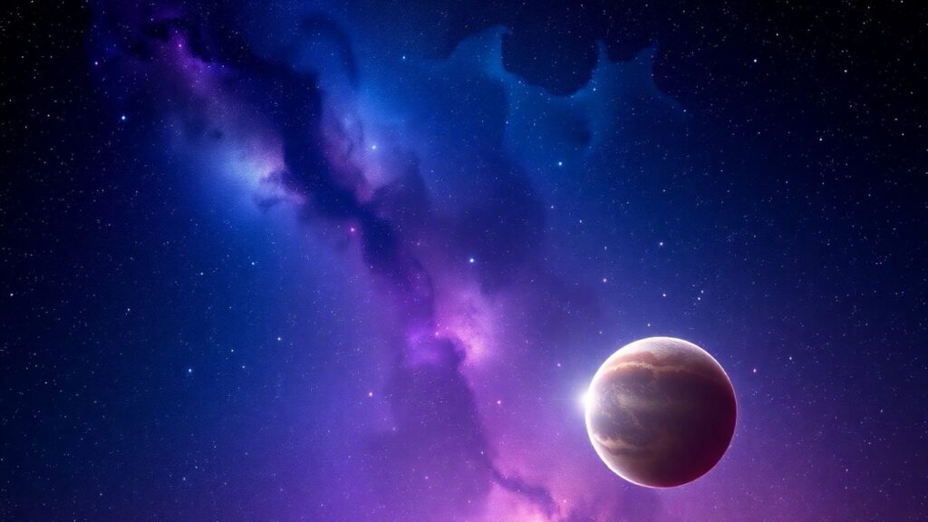 Vast starry sky with nebulae and a distant planet.