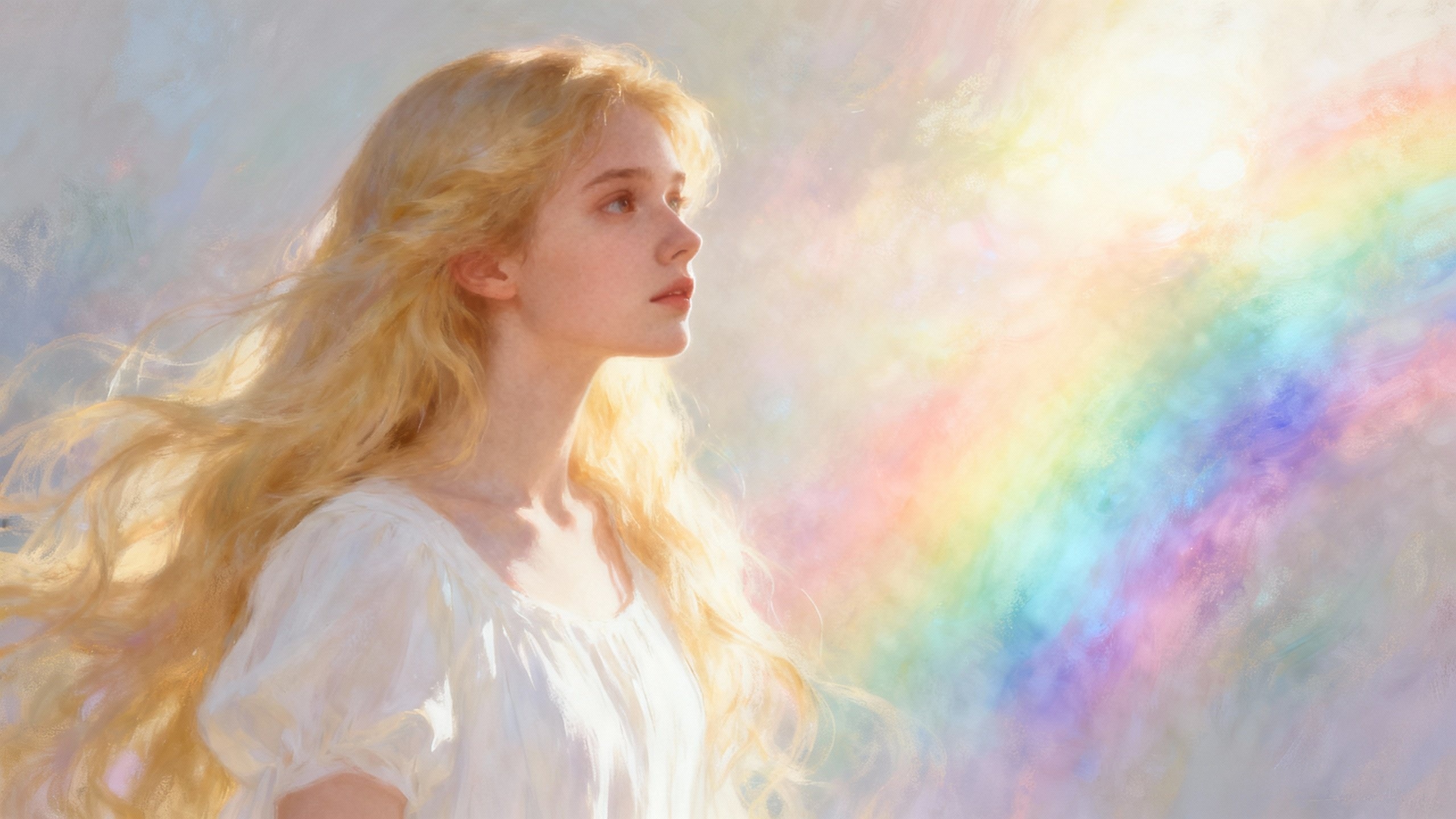 Woman looking thoughtfully into a soft, glowing, rainbow-hued background.