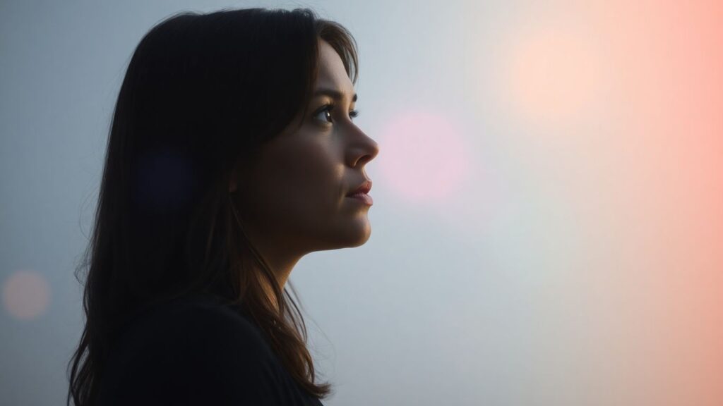 Woman looking thoughtfully into a softly glowing, colorful background.