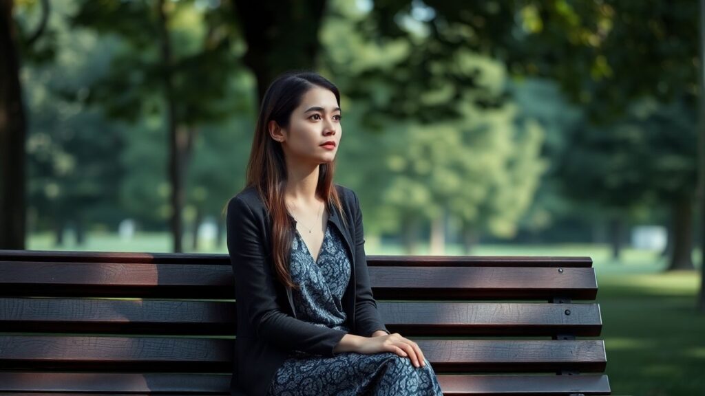 Woman on bench looking into distance, feeling lonely.