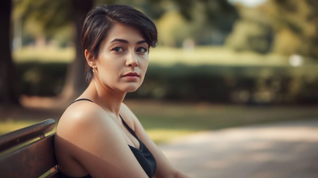 Woman on bench, looking thoughtful, natural background.