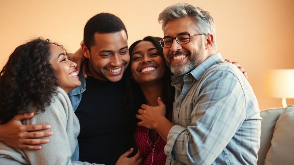 Happy polyamorous couple embracing warmly, soft golden light.